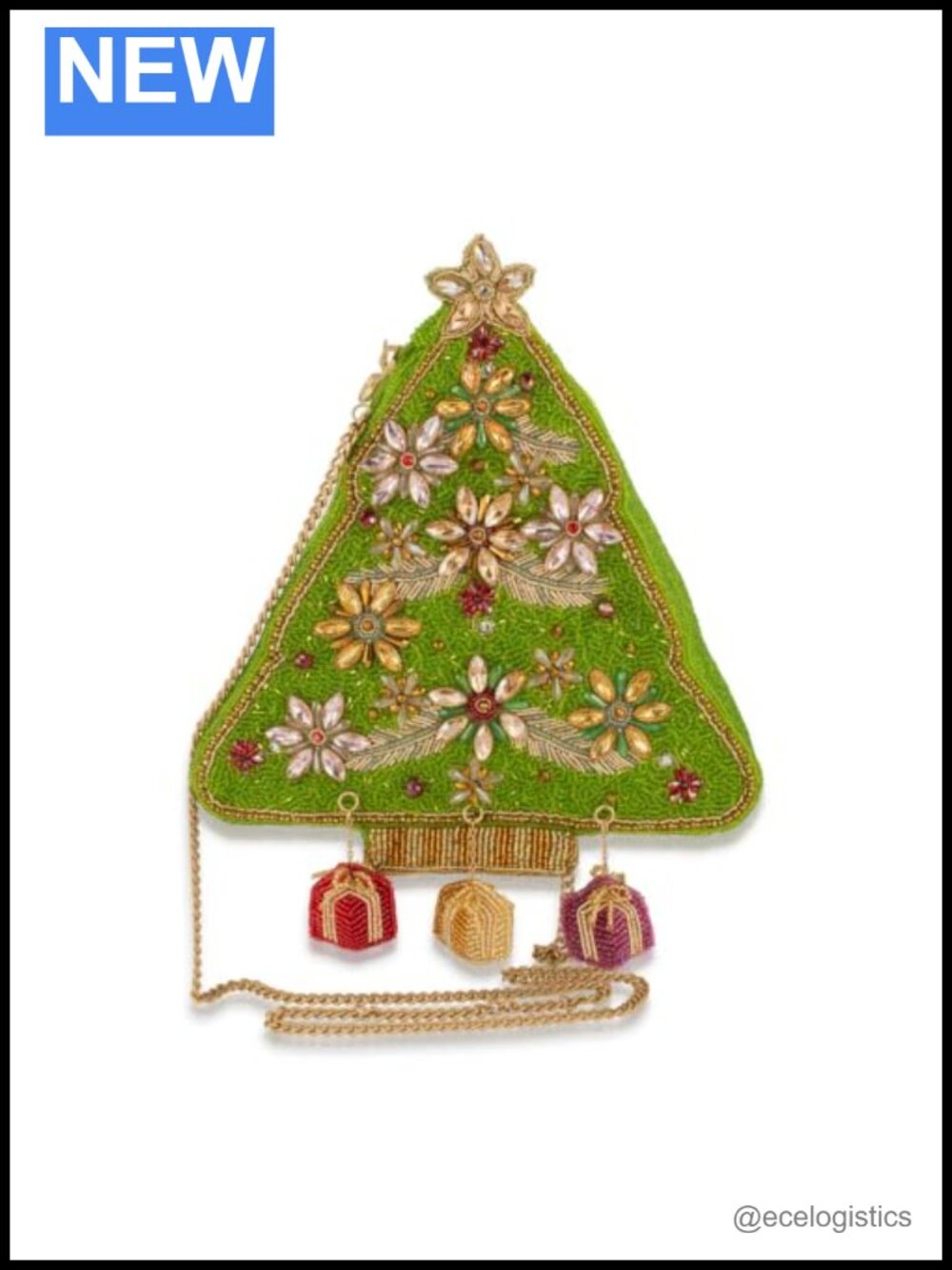 Festive Hand-Beaded Christmas Tree Crossbody Bag with Removable Chain Strap